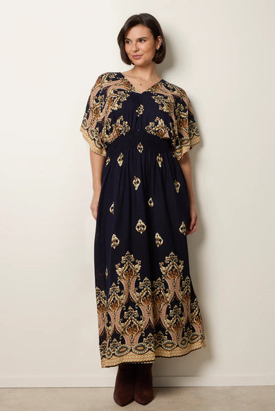 Navy - Border Print Kimono Dress by Blue Vanilla