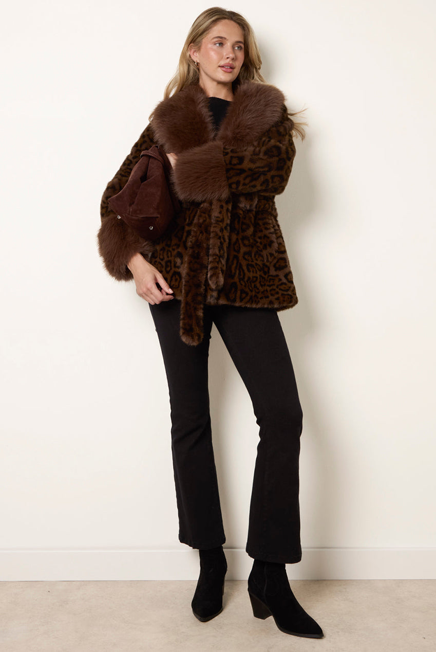 Leopard Plush Faux Fur Belted Coat BV4002025