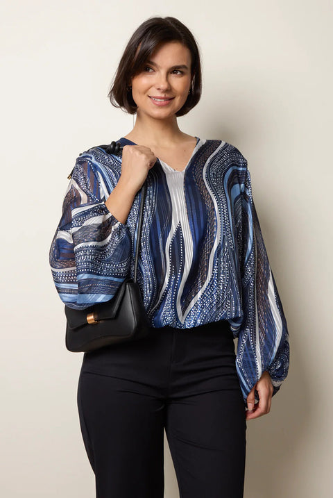 Swirl And Dot Print V Neck Metallic Blouse by Blue Vanilla