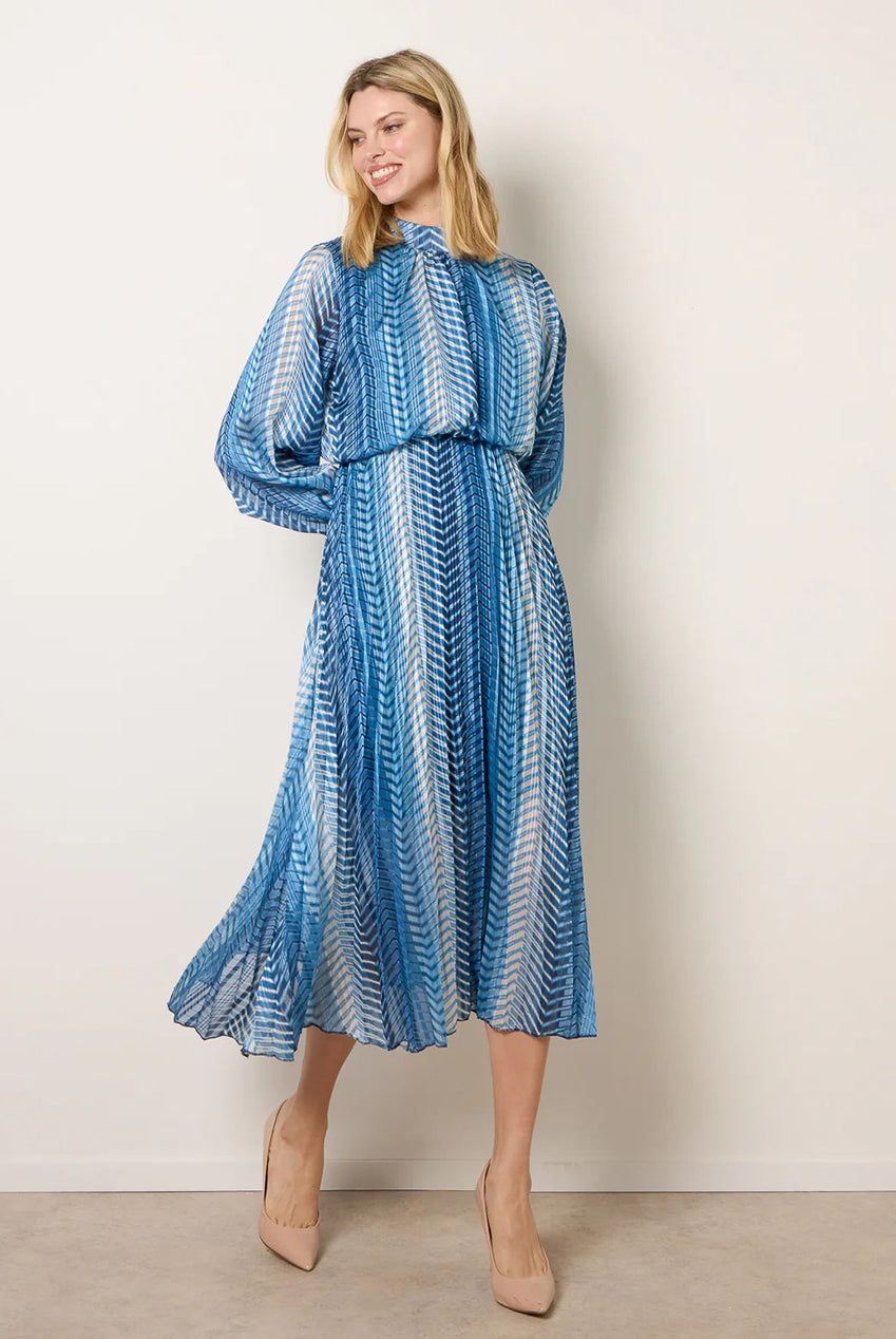 Zig Zag Metallic High Neck Puffball Pleated Dress BV6035IT008
