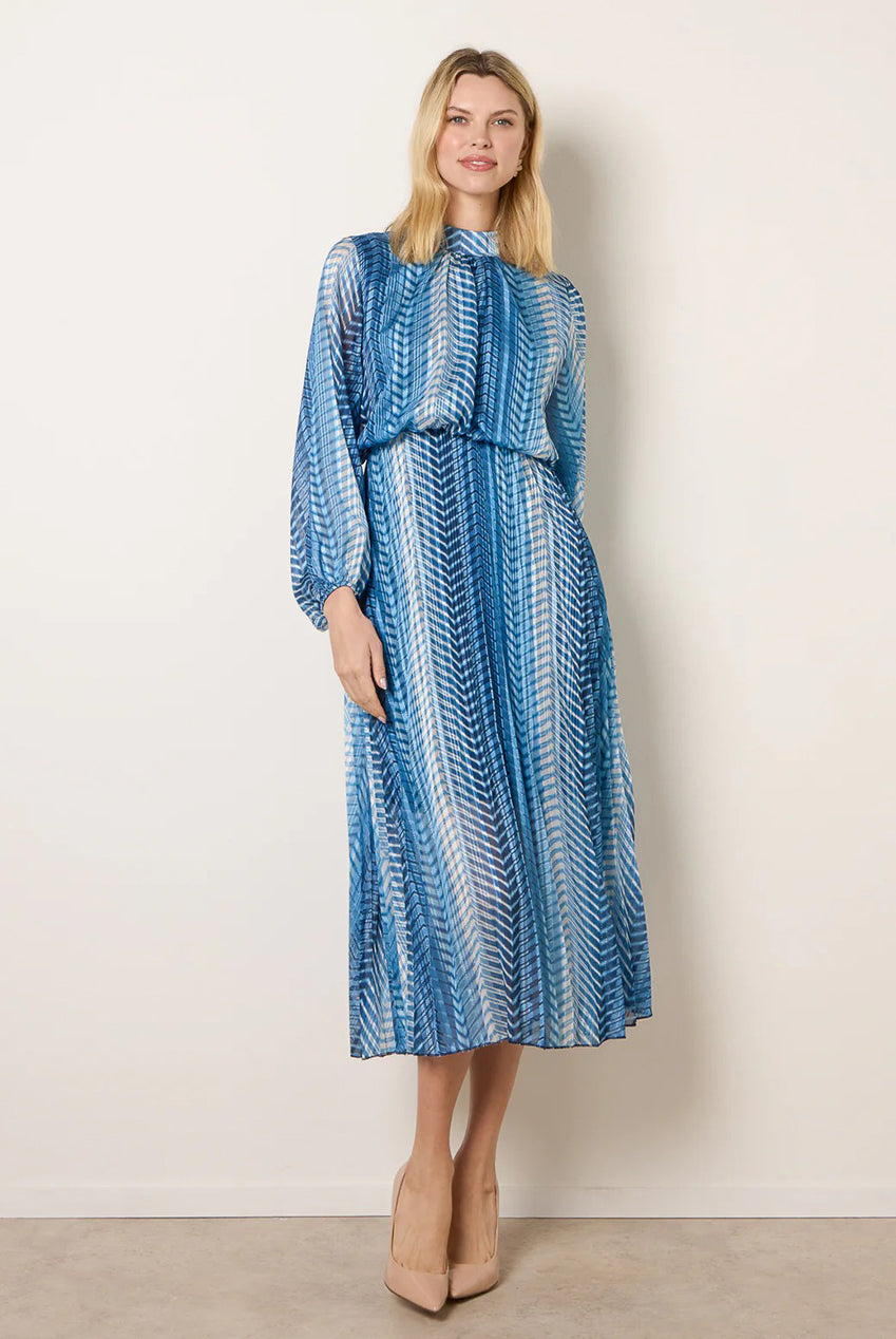 Zig Zag Metallic High Neck Puffball Pleated Dress BV6035IT008