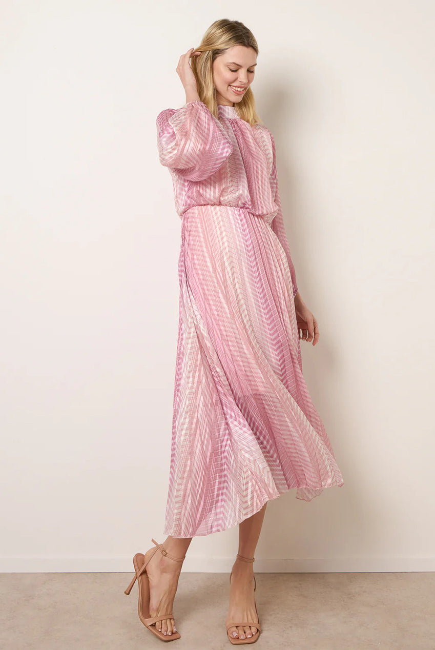 Zig Zag Metallic High Neck Puffball Pleated Dress BV6035IT020