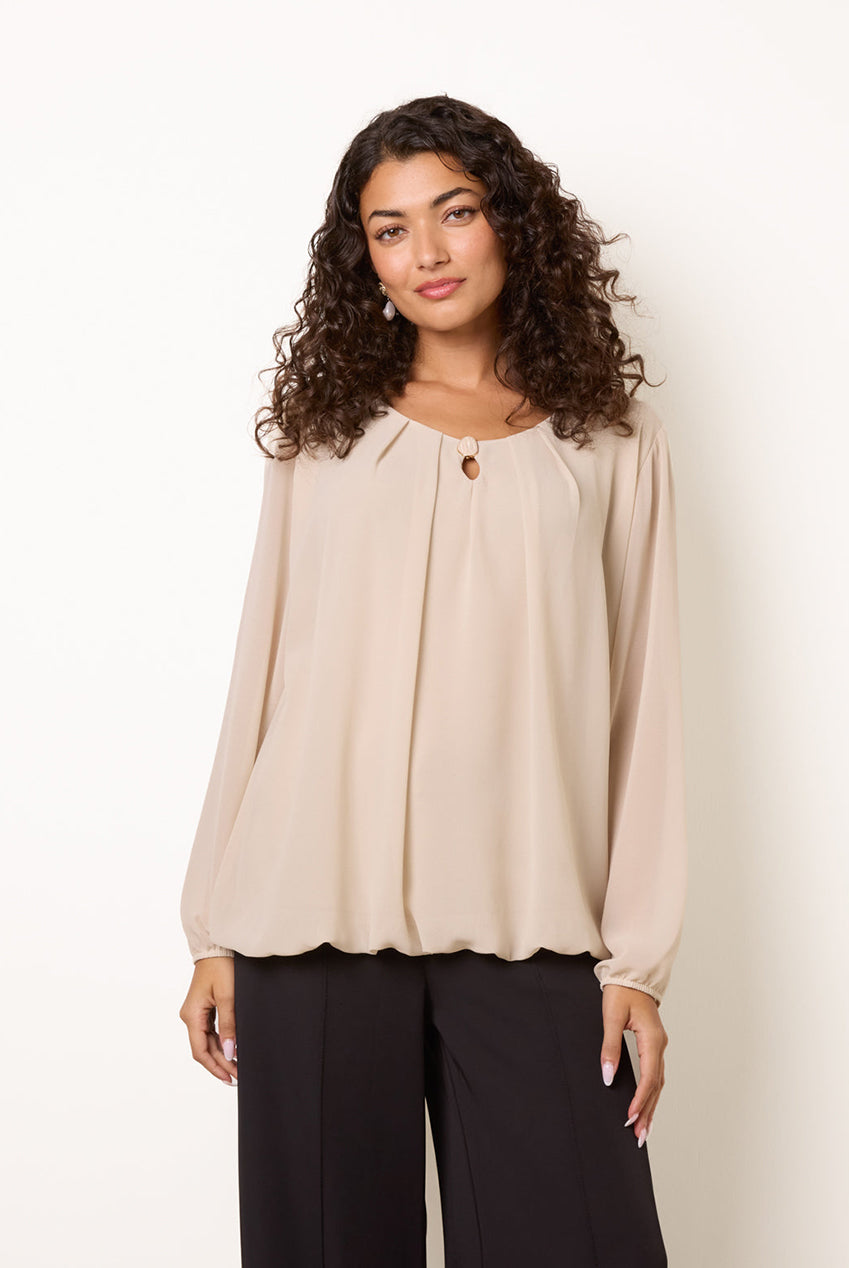 Puffball Round Neck Marble Button Blouse BV6108IT039