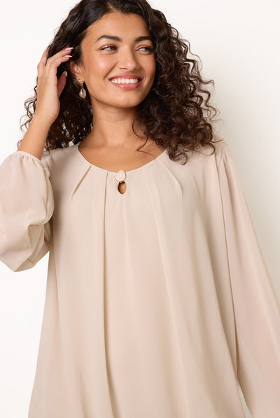 Beige - Puffball Round Neck Marble Button Blouse by Blue Vanilla