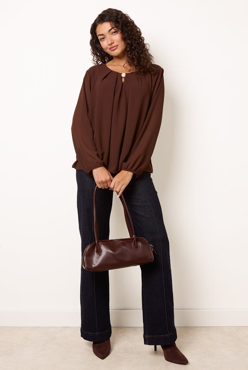 Puffball Round Neck Marble Button Blouse BV6108IT030