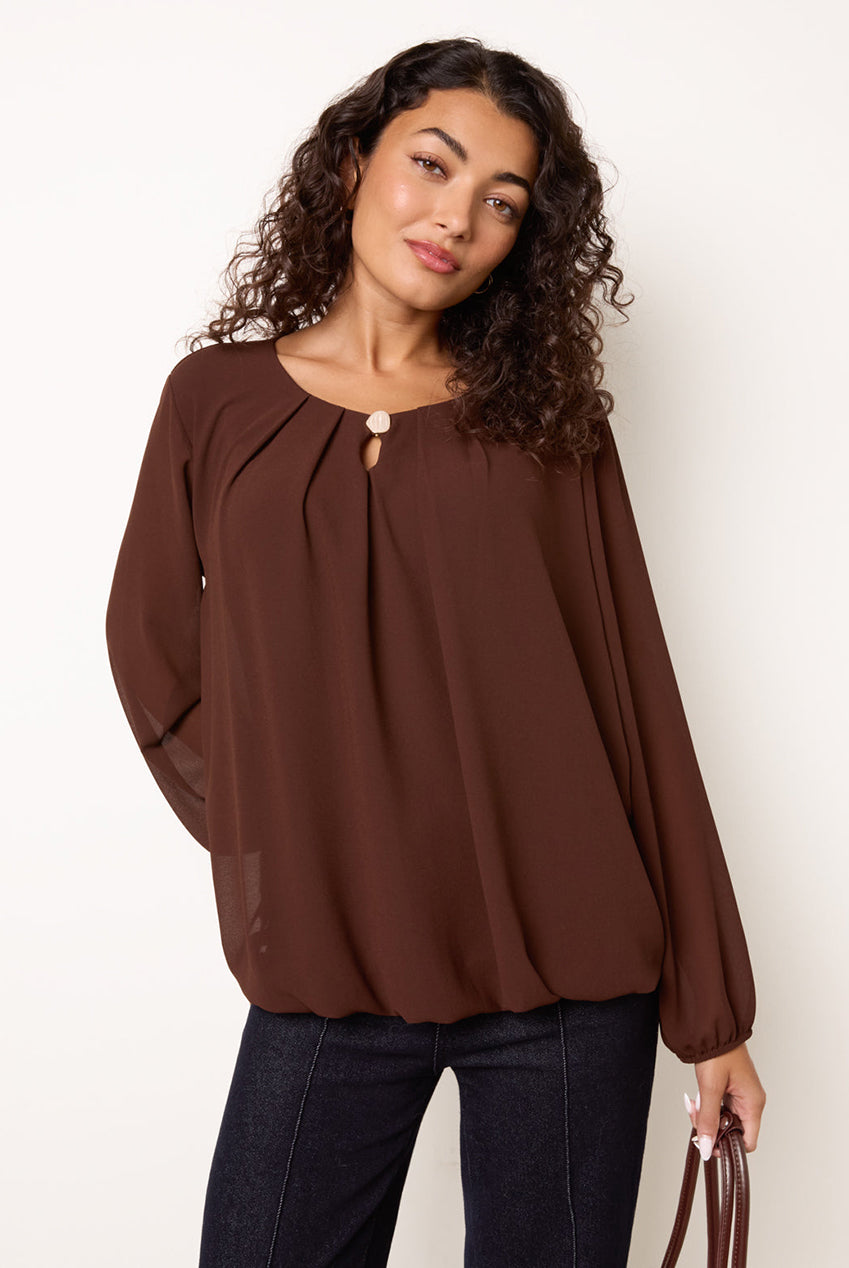 Puffball Round Neck Marble Button Blouse BV6108IT030