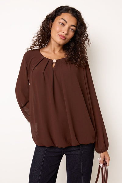 Chocolate - Puffball Round Neck Marble Button Blouse by Blue Vanilla