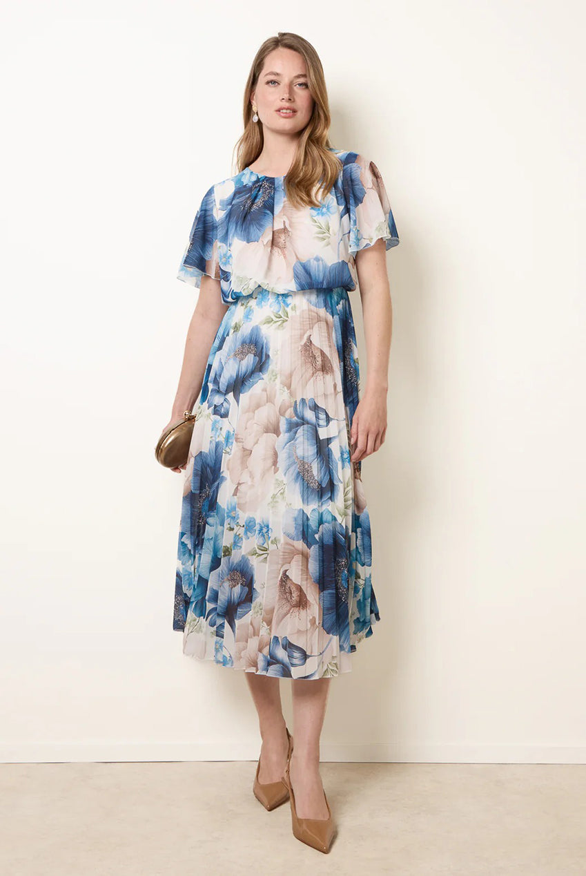 Pleated Scoop Neck Short Sleeve Floral Dress BV6255IT002
