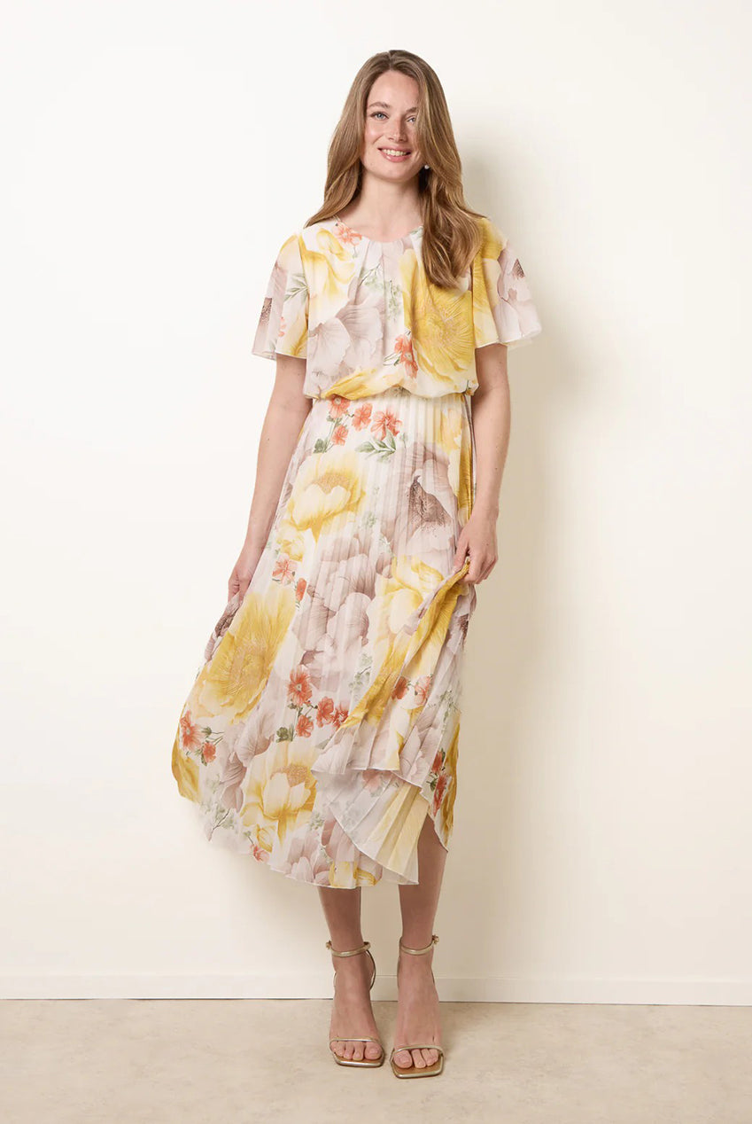 Pleated Scoop Neck Short Sleeve Floral Dress BV6255IT178