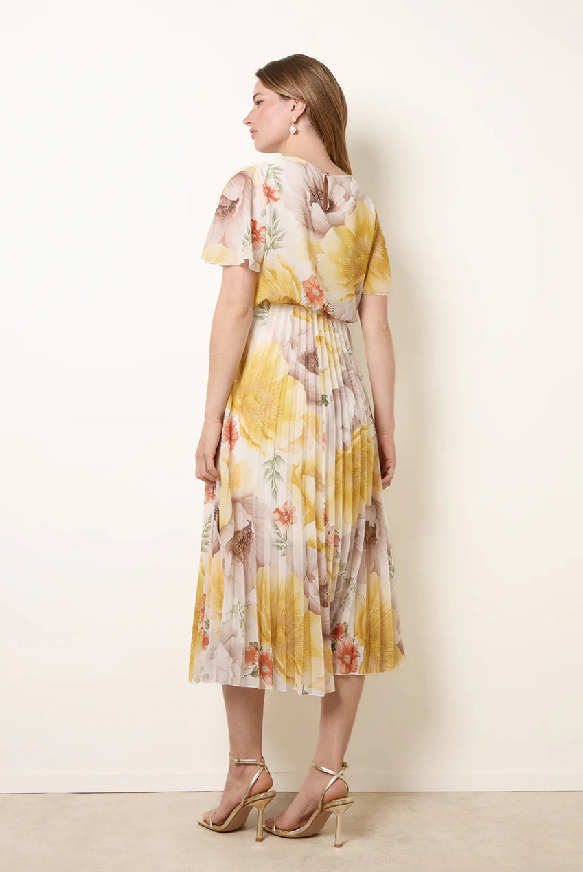 Pleated Scoop Neck Short Sleeve Floral Dress BV6255IT178