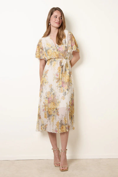 Lemon - Crossover Pleated Print Dress by Blue Vanilla