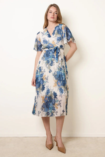 Navy - Crossover Pleated Print Dress by Blue Vanilla