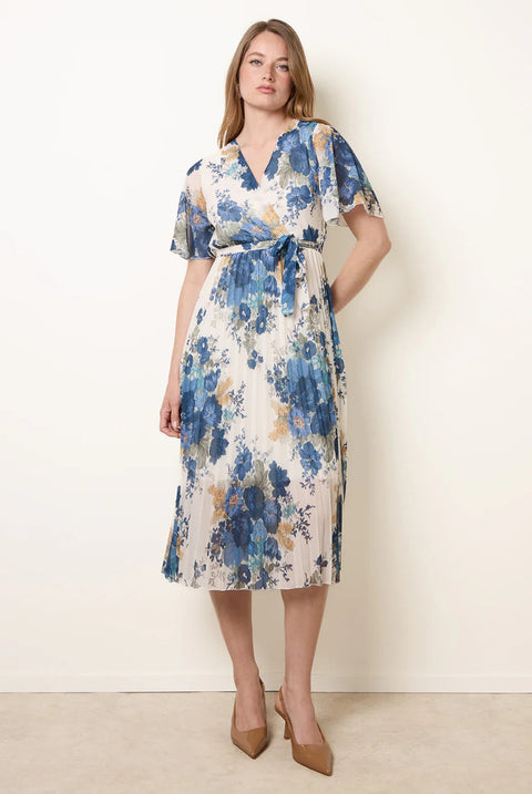 Crossover Pleated Print Dress by Blue Vanilla