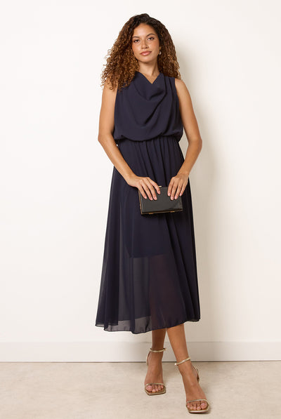 Navy - Plain Sleeveless Cowl Neck Dress by Blue Vanilla