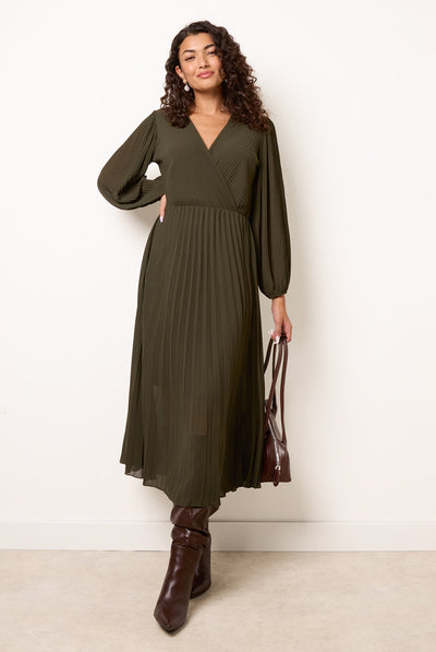 Khaki - Chiffon Pleated Dress by Blue Vanilla
