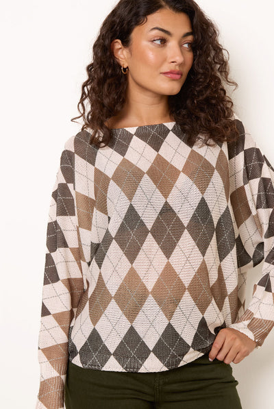 Brown - Slash Neck Argyle Diamond Jumper by Blue Vanilla