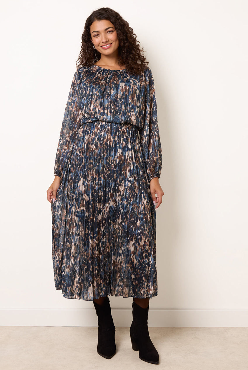 Metallic Leopard Print Pleated Scoop Pleated Dress BV6797IT008