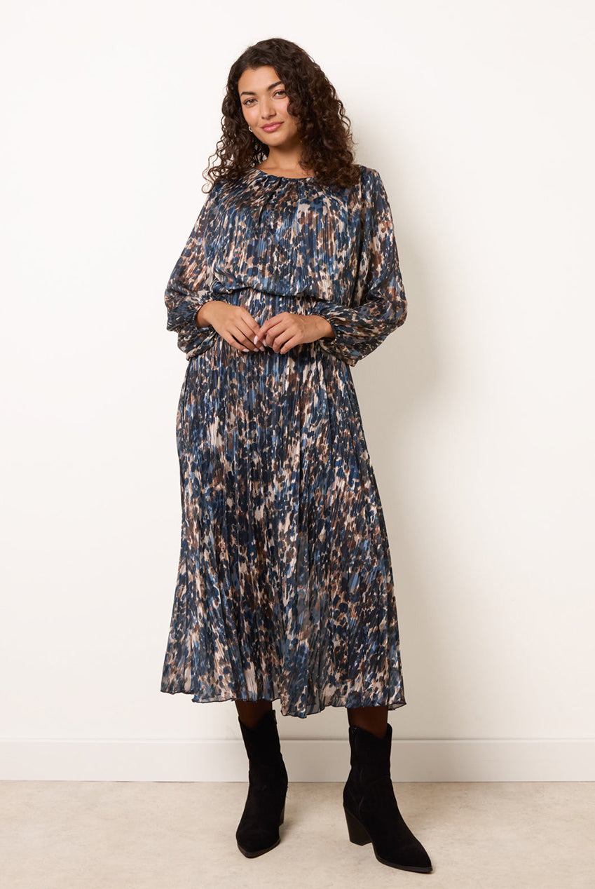 Metallic Leopard Print Pleated Scoop Pleated Dress BV6797IT008