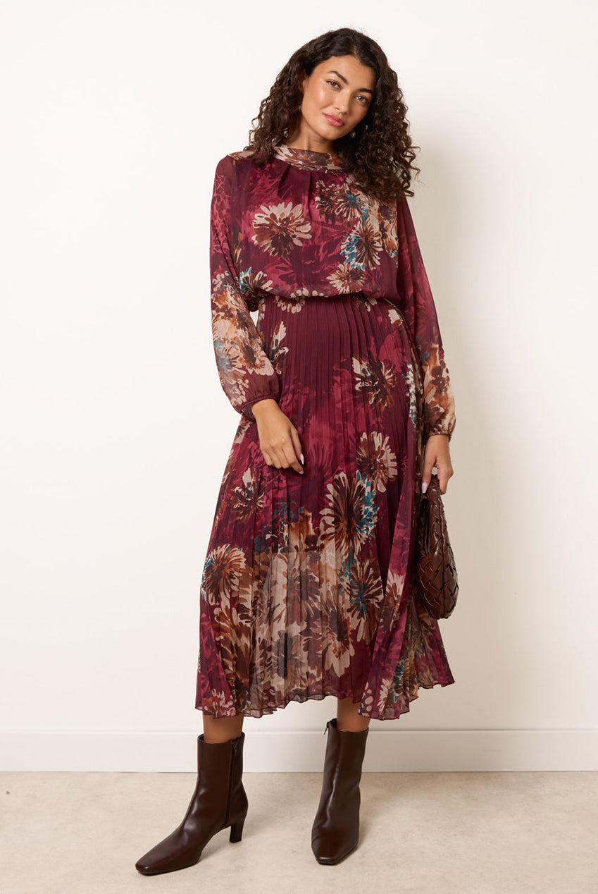 Floral Cowl Neck Long Sleeve Pleated Chiffon Dress BV6799IT034