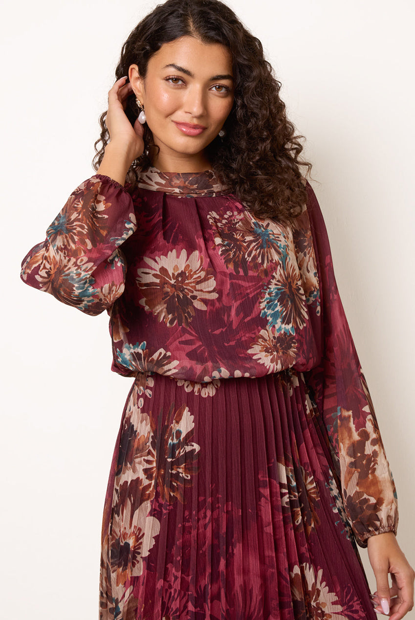 Floral Cowl Neck Long Sleeve Pleated Chiffon Dress BV6799IT034