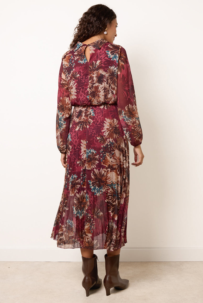 Floral Cowl Neck Long Sleeve Pleated Chiffon Dress BV6799IT034