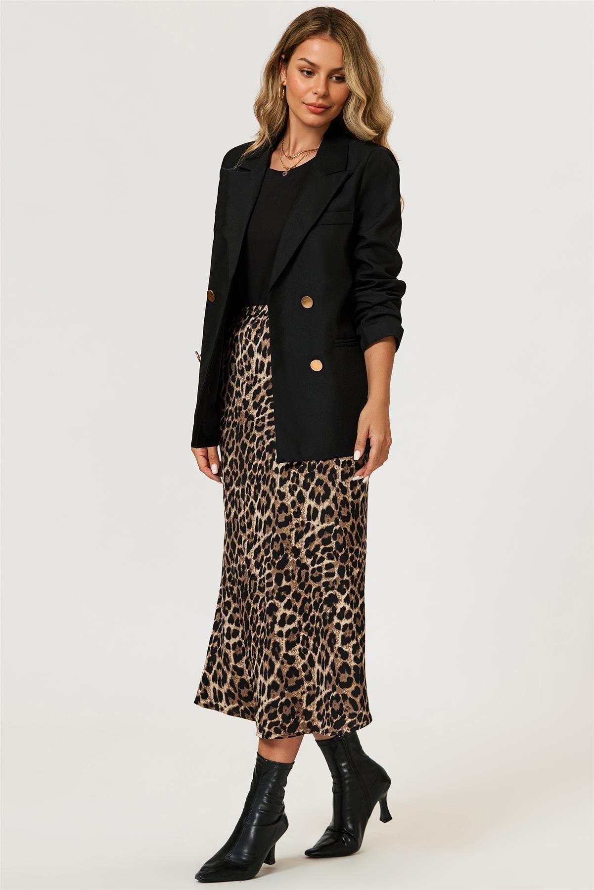 Leopard Print Satin Midi Skirt In Brown FS879-Leopard