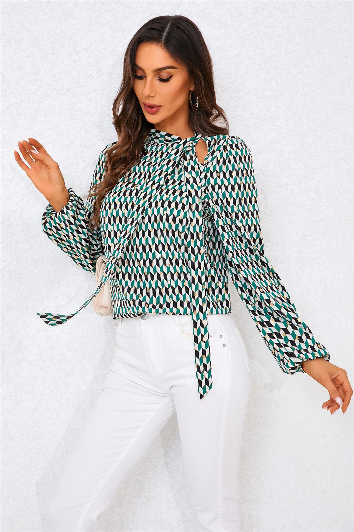 Geo Print Side Tie Blouse Top In Green FS705-GreenGeo