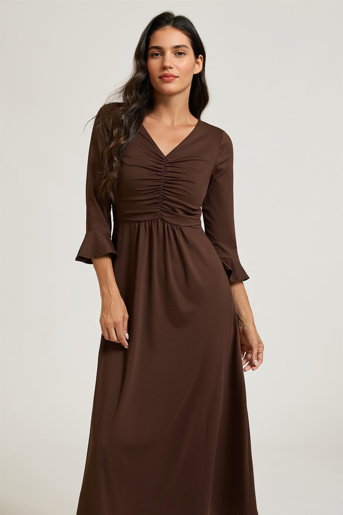 Fluted Sleeves Ruched Jersey Midi Dress In Brown FS992