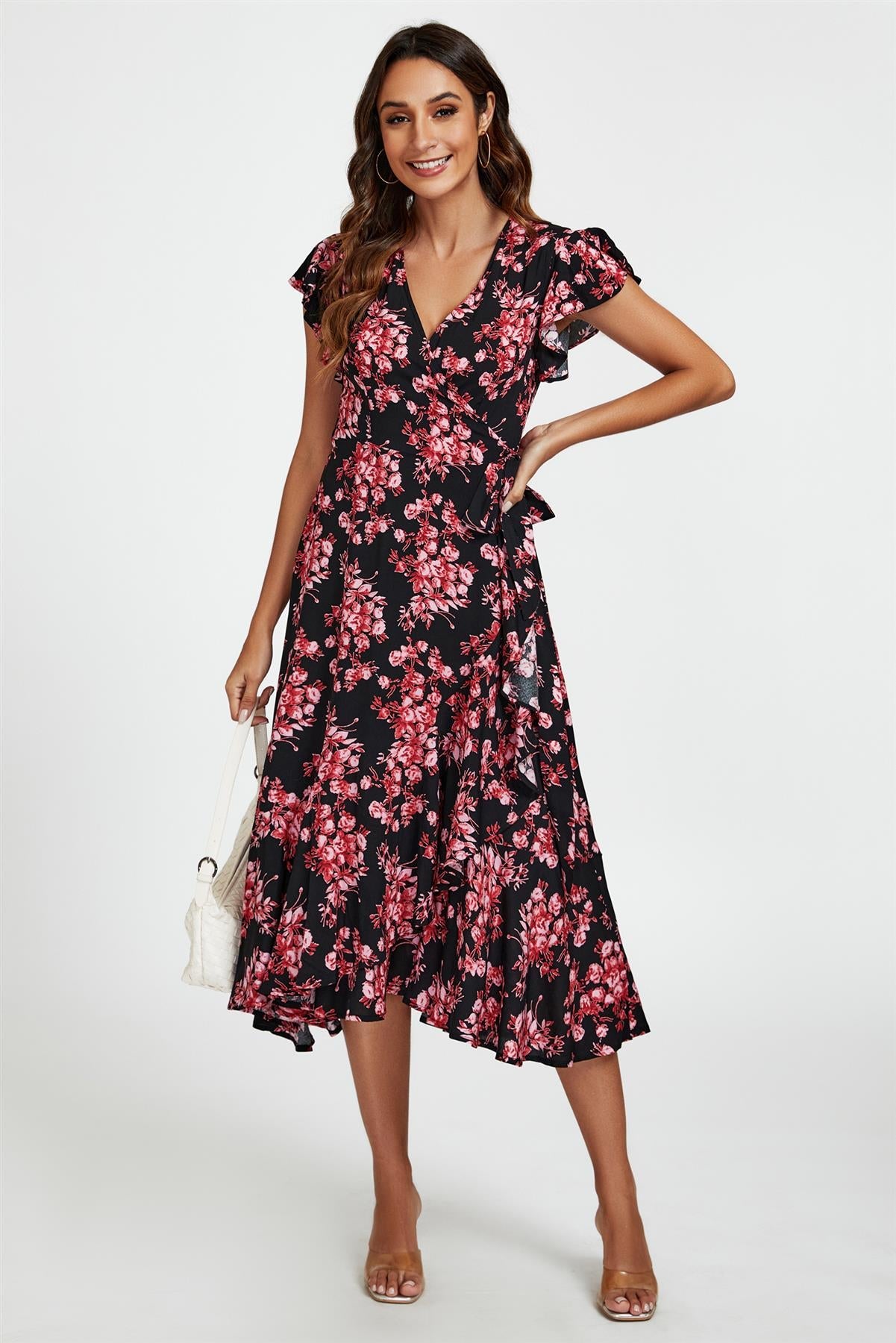 Pink Floral Frill Sleeve Midi Wrap Dress In Black FS411-BlackPink