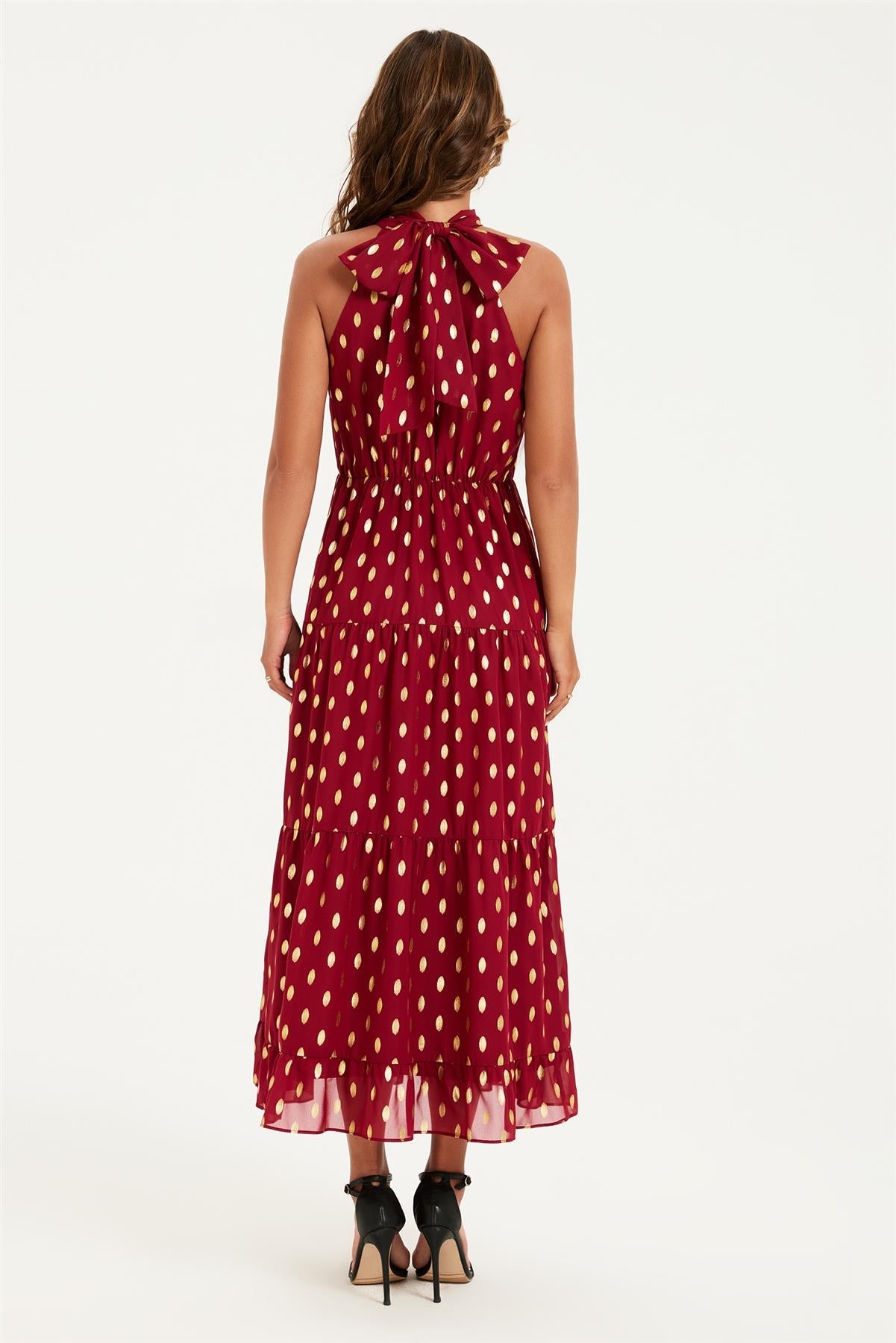 Gold Foil Halter Neck Tie Back Midi Dress In Wine FS905-WG