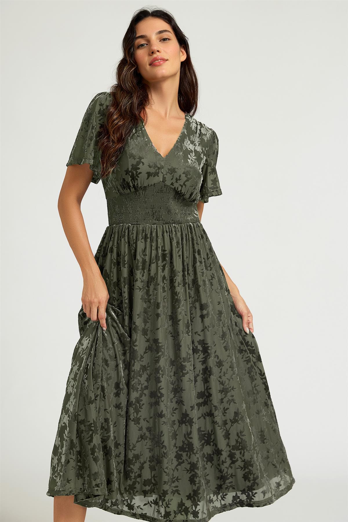 Dark Sage Velvet Burnout V-Neck Angel Sleeve Midi Dress FS955