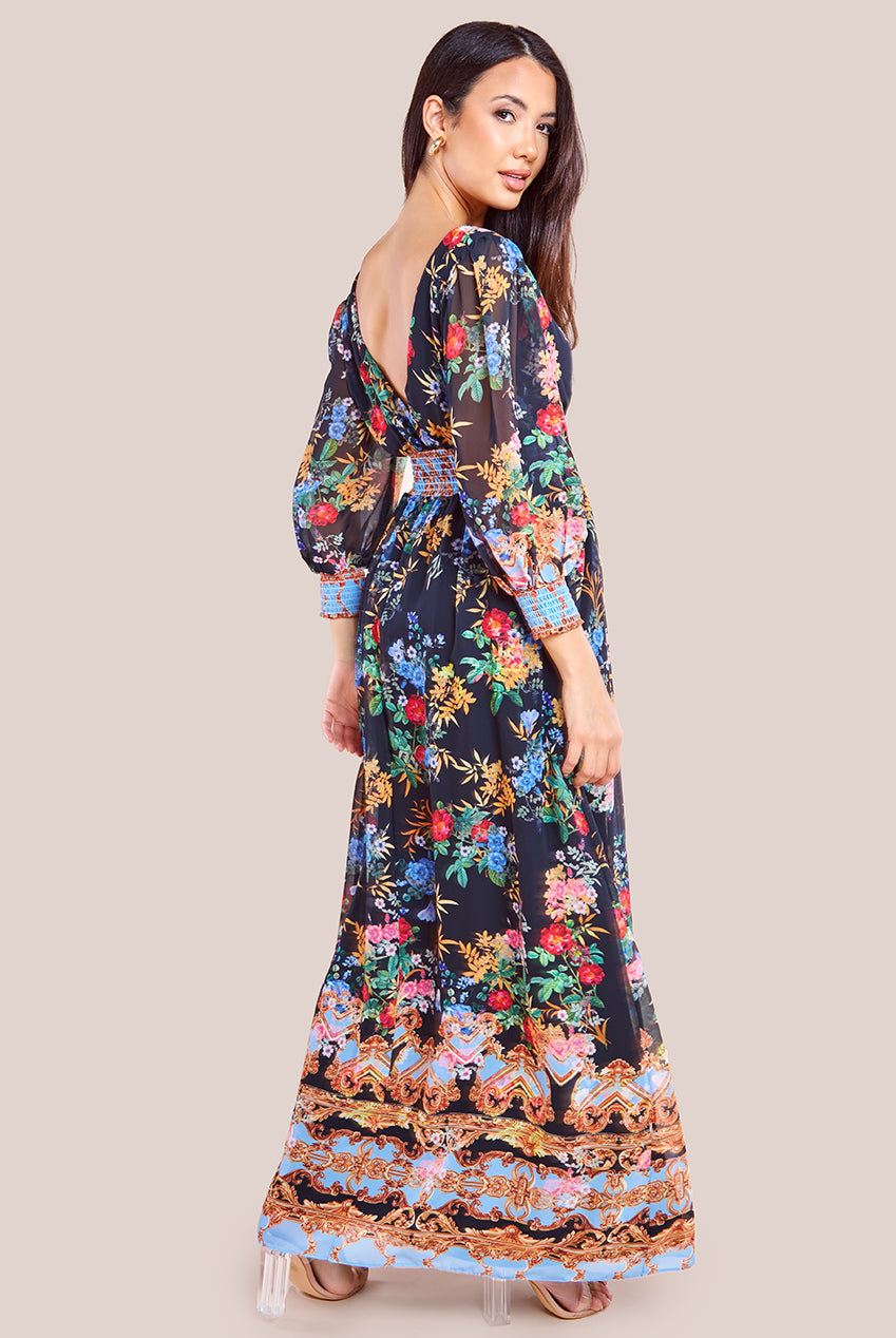 Chiffon Wrap Border Floral Print Maxi Dress - Black DR4394
