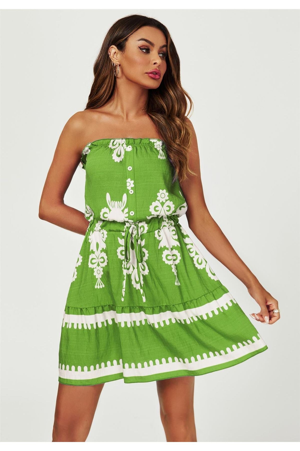 Printed Broderie Strapless Mini Dress In Green FS544-GreenWhite