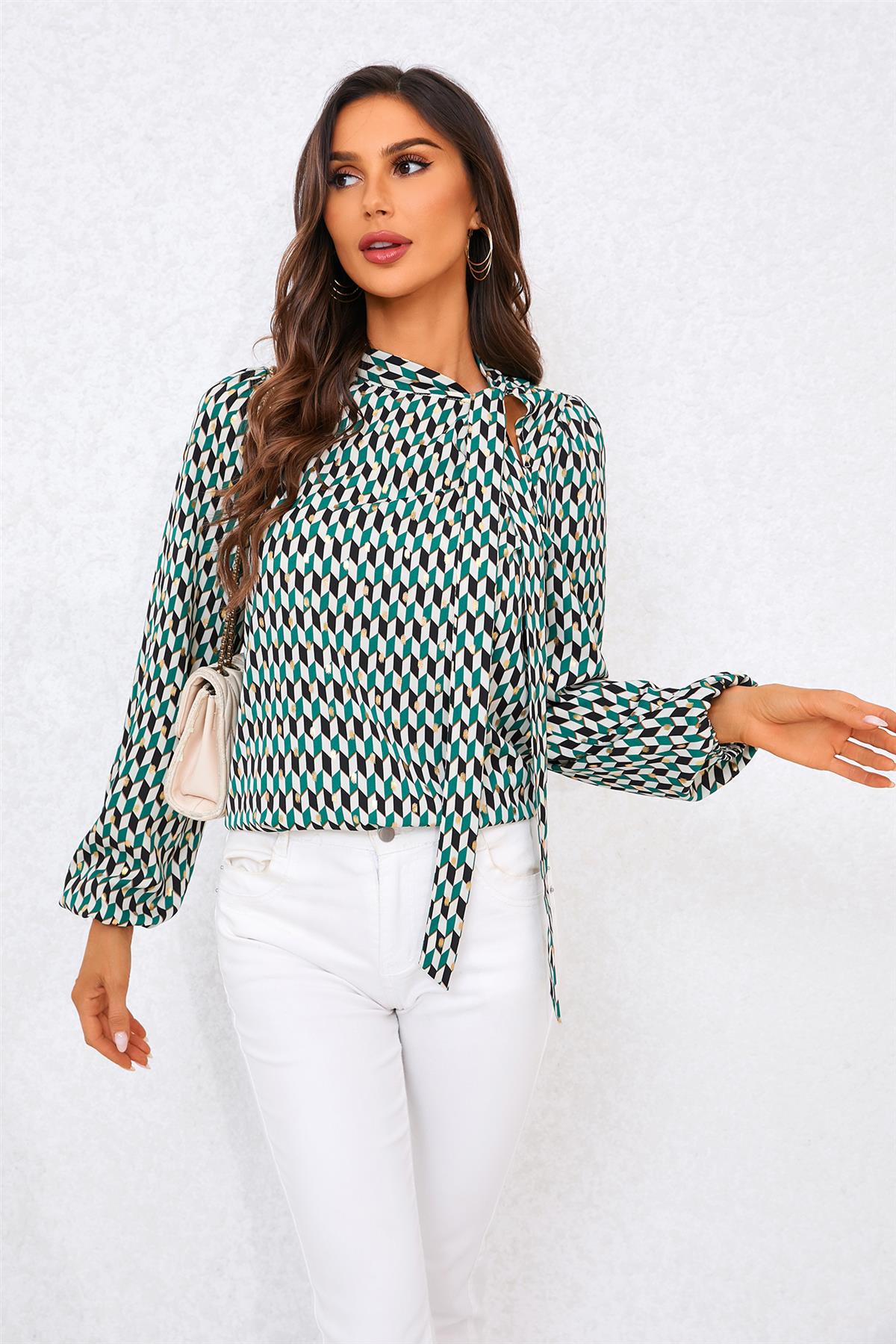 Geo Print Side Tie Blouse Top In Green FS705-GreenGeo