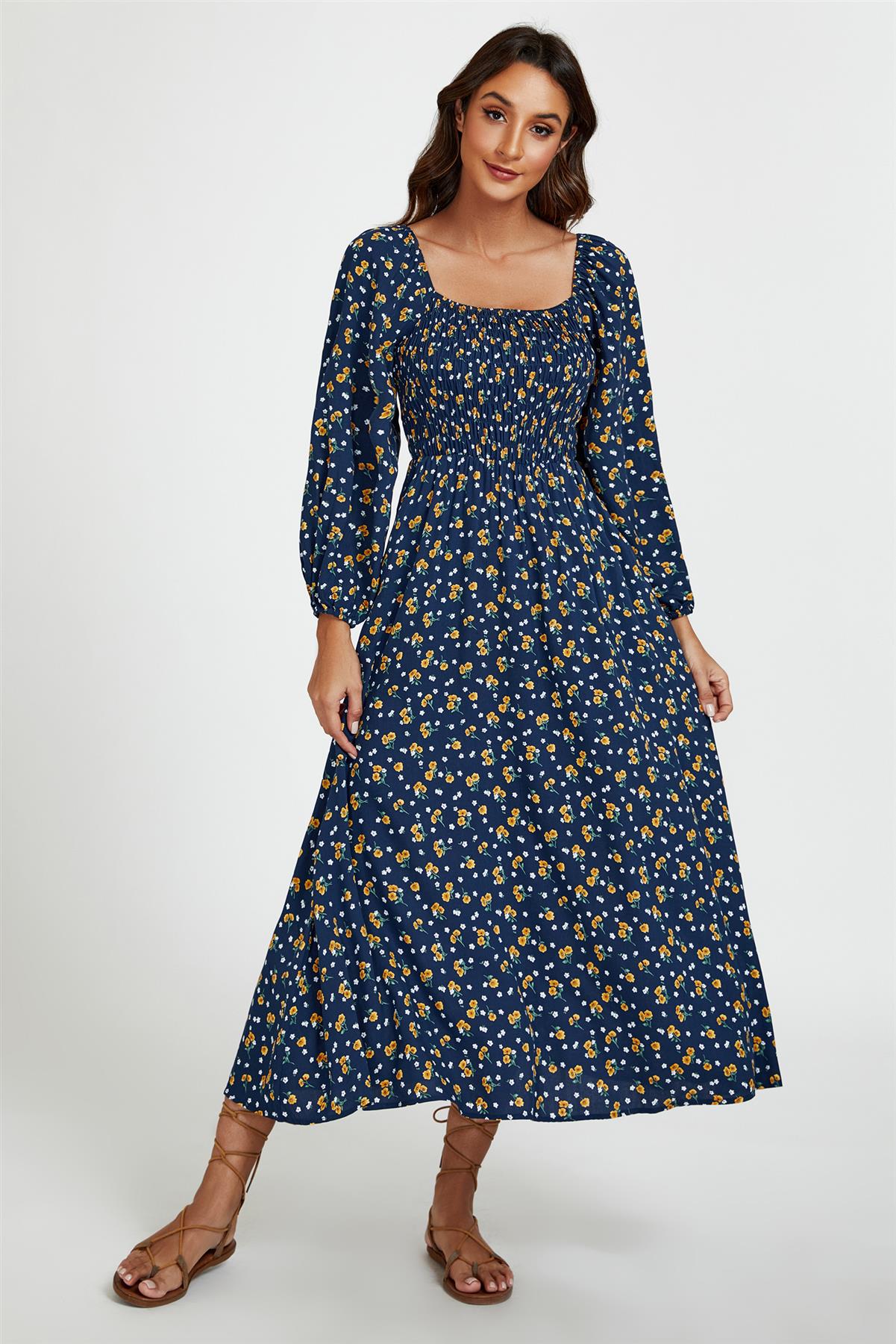 Floral Print Square Neck Maxi Dress In Dark Blue FS794-DBYF