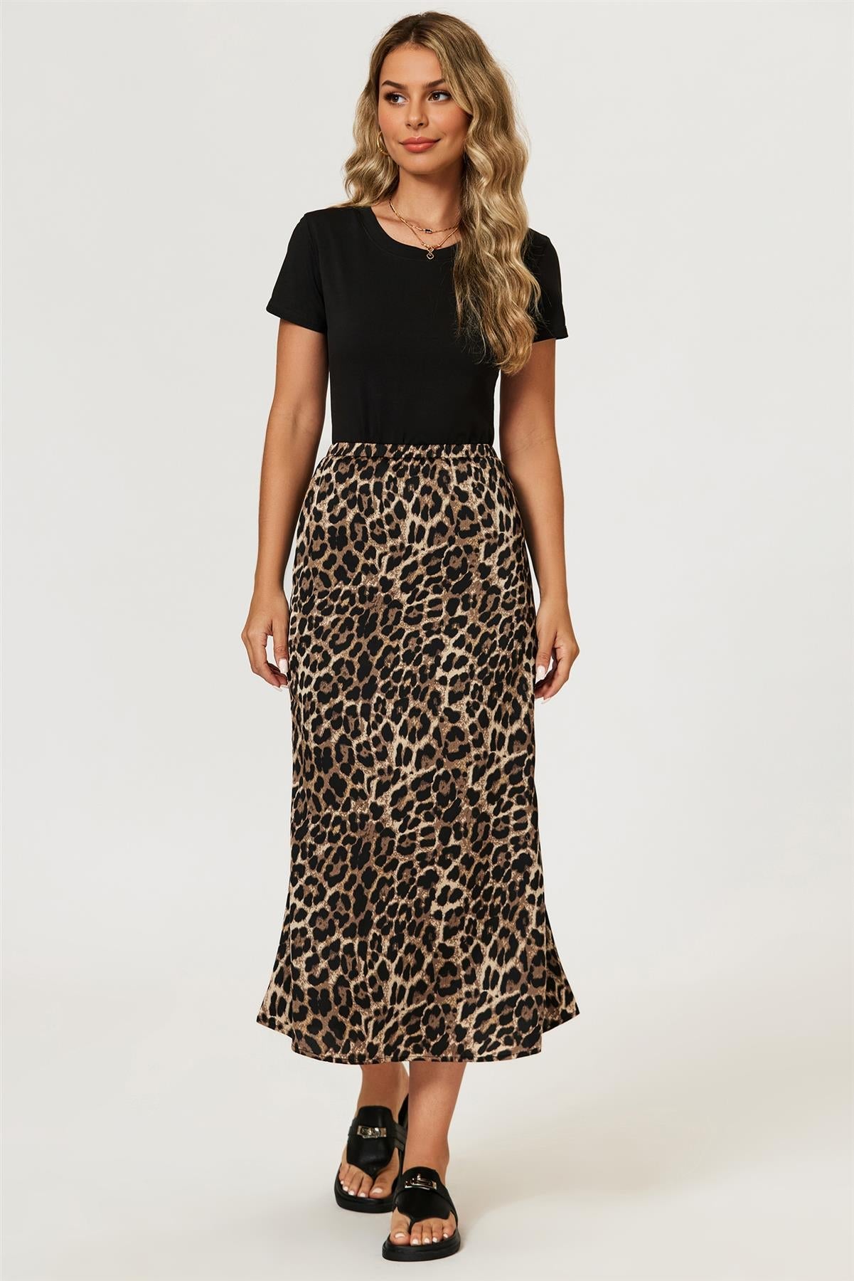 Leopard Print Satin Midi Skirt In Brown FS879-Leopard