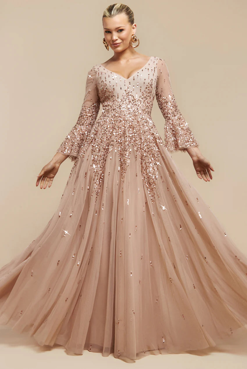 Sunray Hand Embellished Sequin A-Line Bell Sleeve Maxi Dress - Champagne DR4654