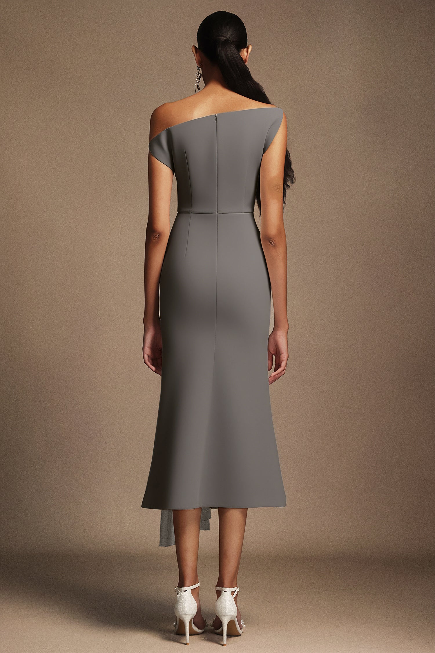 Paulina Oblique Shoulder Sleeveless Folds Gray Midi Dress | Goddiva