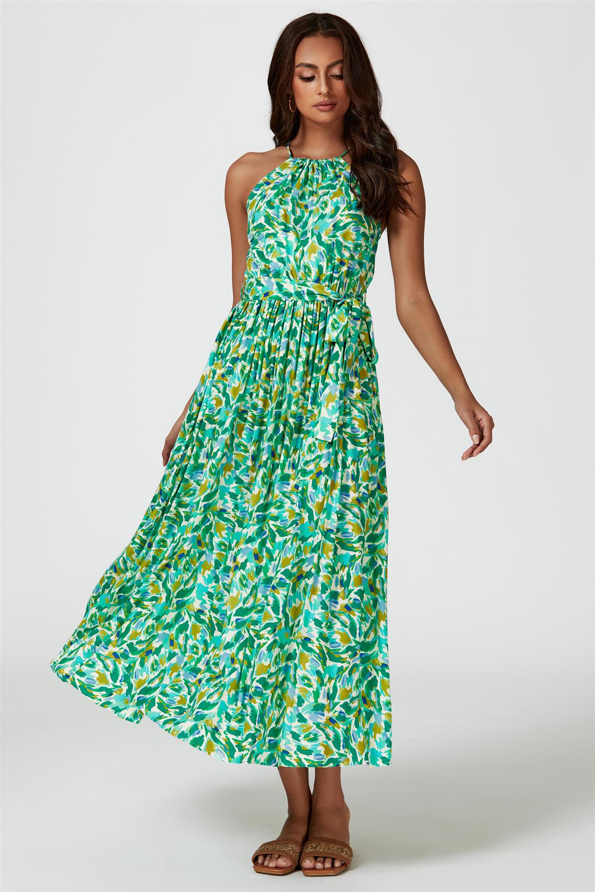 Abstract Print Tie Halterneck Maxi Dress In Green FS567-GA