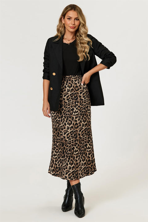 Leopard Print Satin Midi Skirt In Brown by FS Collection