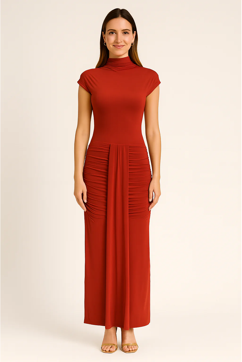 Cap Sleeve Jersey Ruched Waist Maxi Style Evening Gown AV-IMD2498