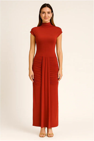 Rust - Cap Sleeve Jersey Ruched Waist Maxi Style Evening Gown by Avinci