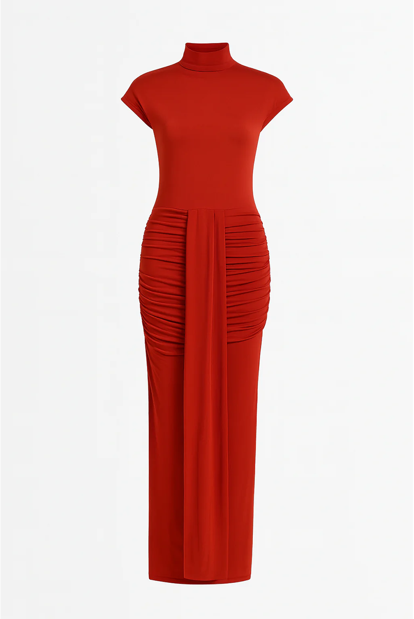 Cap Sleeve Jersey Ruched Waist Maxi Style Evening Gown AV-IMD2498