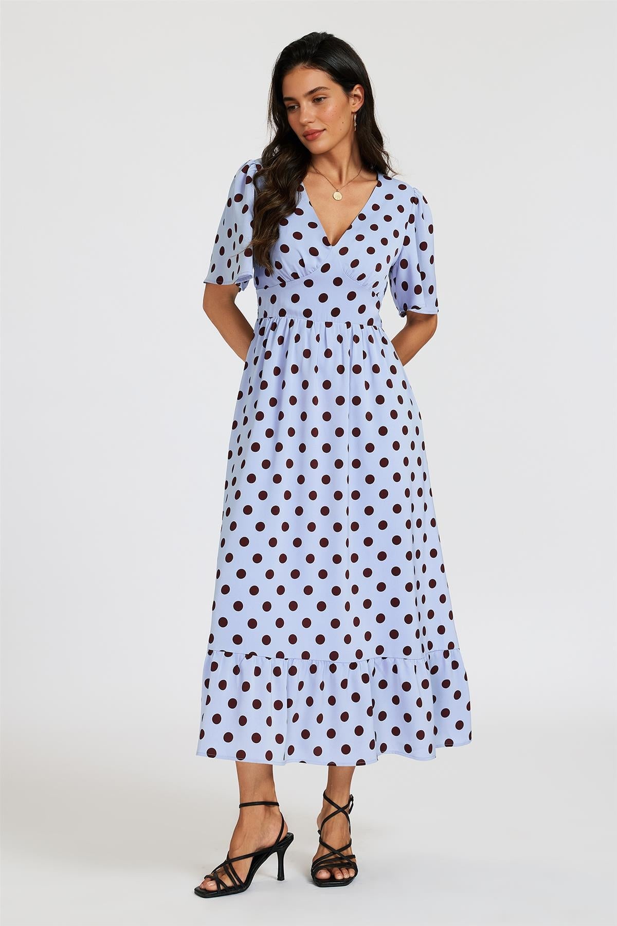 Polka Dot Print Angel Sleeve V Neck Frill Hem Midi Dress In Blue FS939