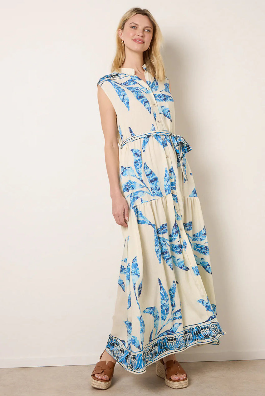 Leaf Print Collarless Shirt Dress With Belted Waist CC2704BV002