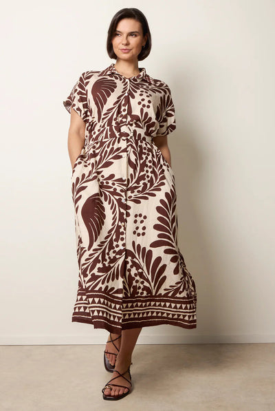 Chocolate - Tropical Leaf Print Belted Shirt Dress by Blue Vanilla