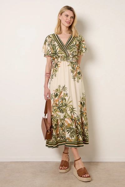 Green - Tropical Print Wrap Front Dress by Blue Vanilla