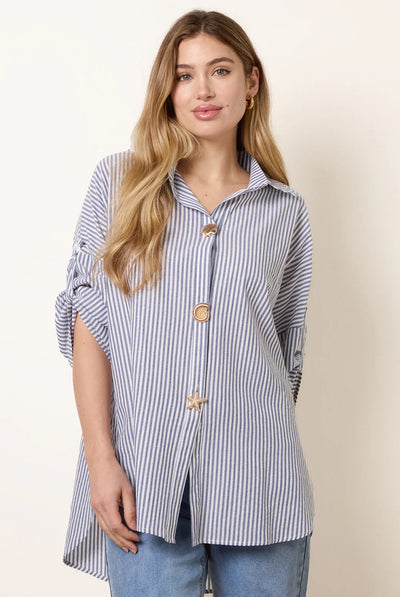 Denim Blue - Gold Shell Button Front Stripe Shirt by Blue Vanilla