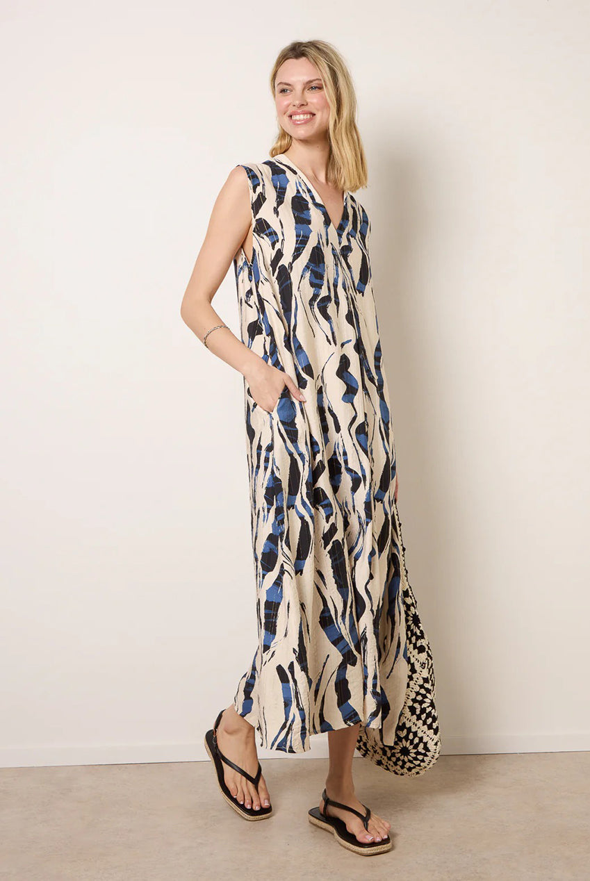 Metallic Abstract Printed Collarless V Neck Dress CC2737BV002