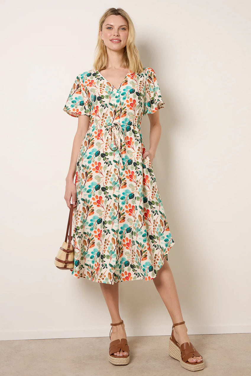 Leaf Print Tie Waist Shirt Midi Dress CC2749BV396